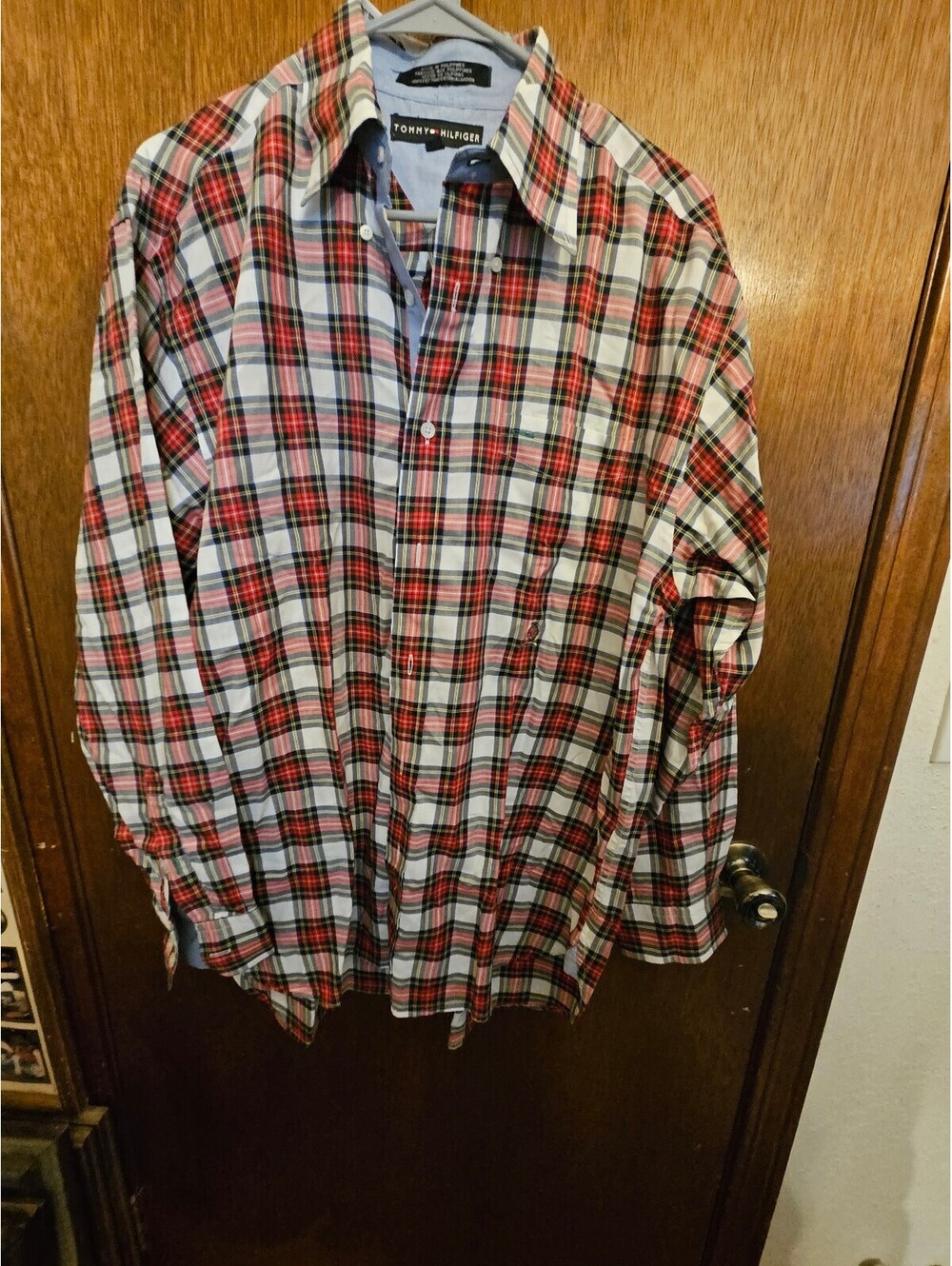 Tommy Hilfiger Men's Red and White Plaid Button-Up Shirt Size XL